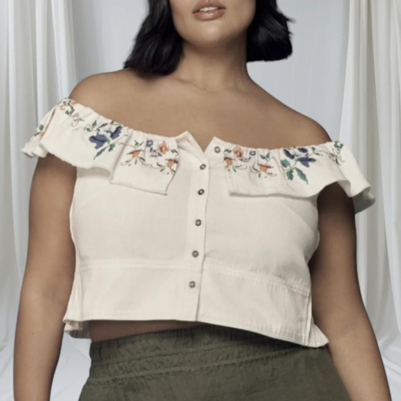 Pilcro Embellished Ruffle Collar Top 3X White Embroidery Rose Bird Cropped - Picture 1 of 8